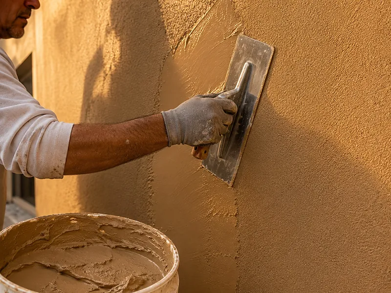 Gloved hand troweling acrylic finish straight from the bucket onto a wall