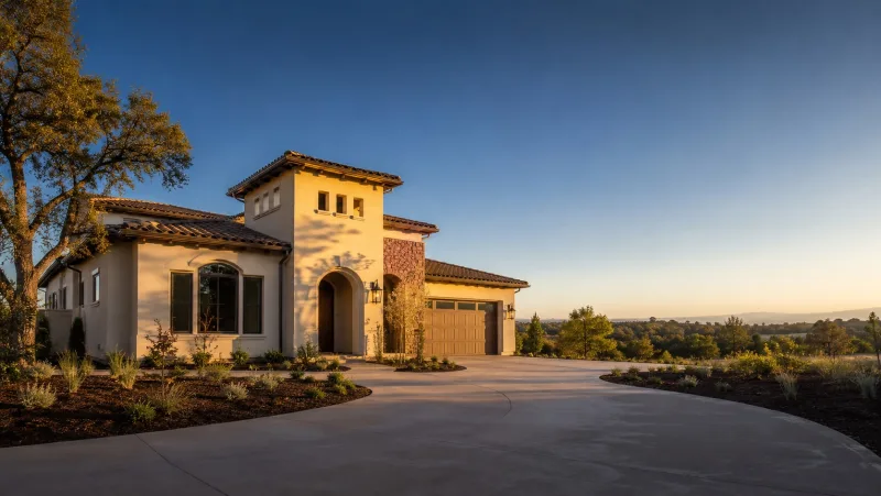 Stucco home with tower entry against a desert sunset