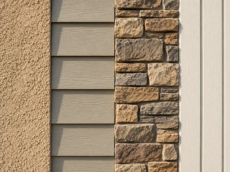 Stucco, fiber-cement lap siding, stone veneer and vertical board samples mounted side by side