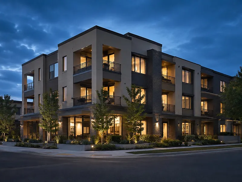 Modern multifamily building with stucco elevations lit at dusk