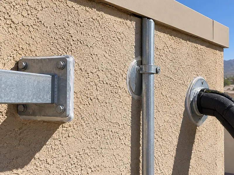 Mounting bracket, conduit and an HVAC line passing through a stucco wall, each sealed at its escutcheon