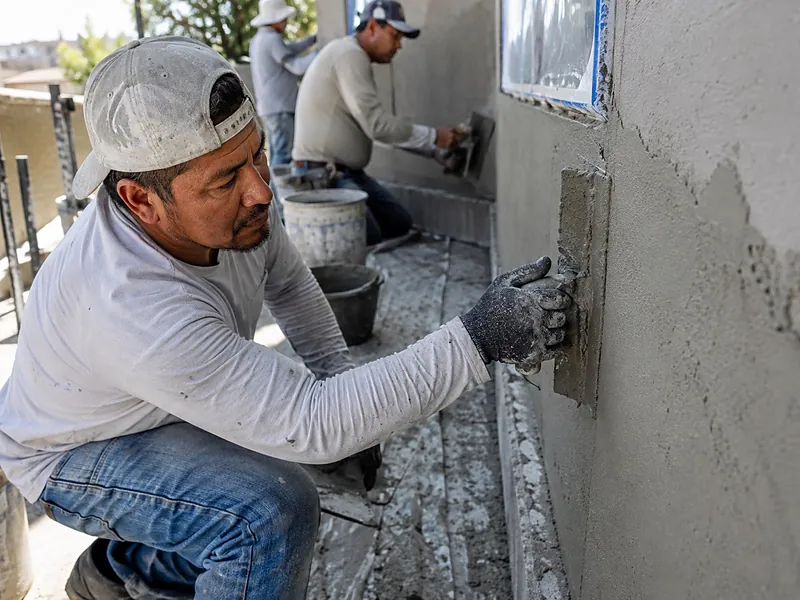 Crew troweling wet base coat onto a lathed exterior wall
