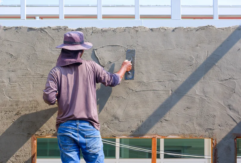 Plasterer in a sun hat troweling grey plaster across a tall exterior wall