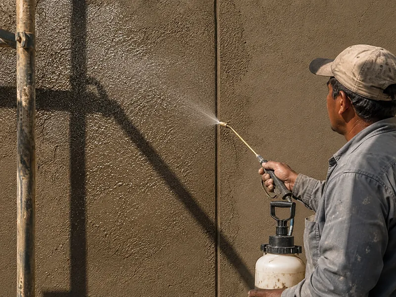 Worker misting a fresh coat with a hand sprayer to slow the cure