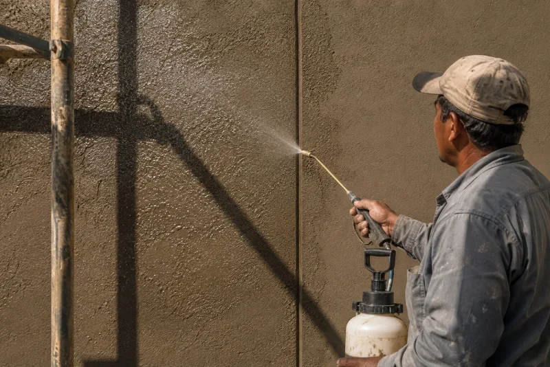 Worker misting a freshly plastered wall with water to keep it curing in desert heat