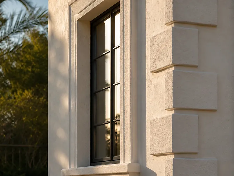 Stucco corner quoins and raised window trim in late afternoon light