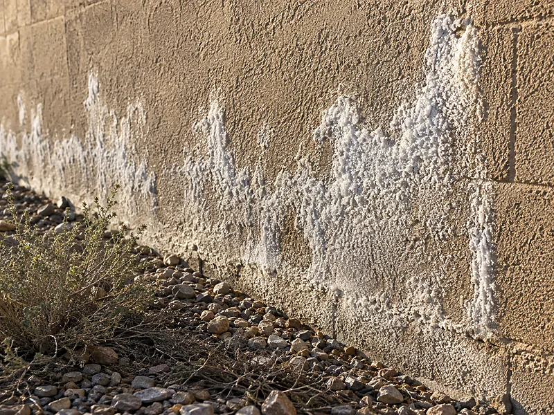 Chalky white efflorescence blooming up from the base of a tan stucco wall