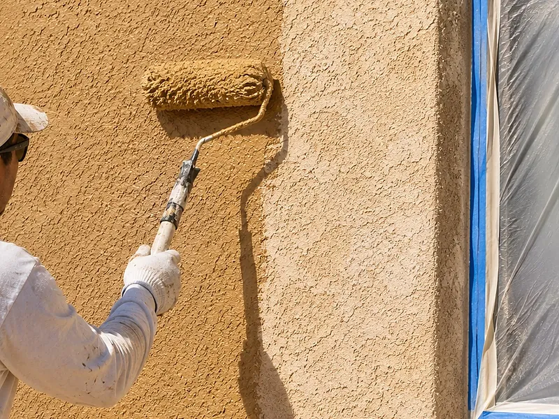 Roller laying elastomeric coating over textured stucco beside a masked window