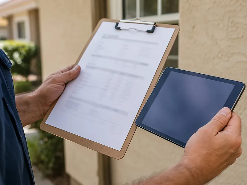 Contractor holding a clipboard and tablet in front of a stucco wall