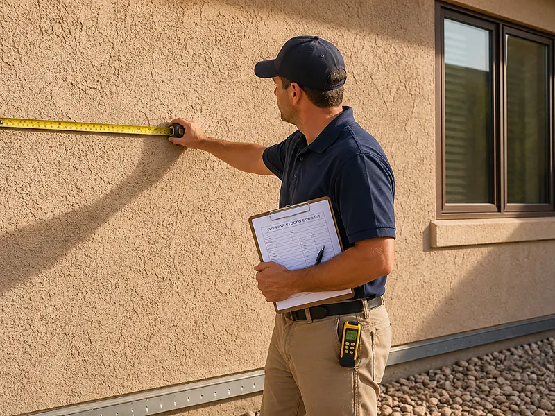Contractor running a tape measure along a stucco elevation