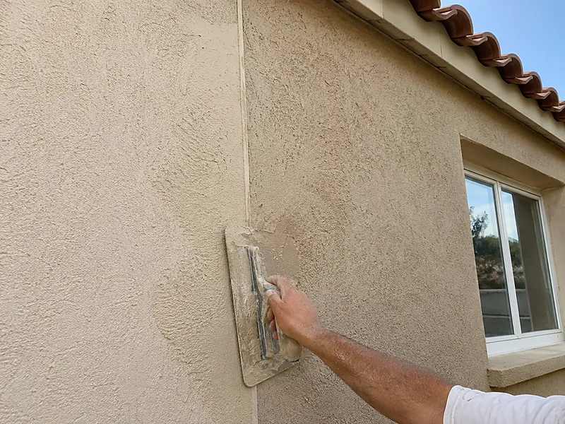 Trowel feathering new stucco across a control joint