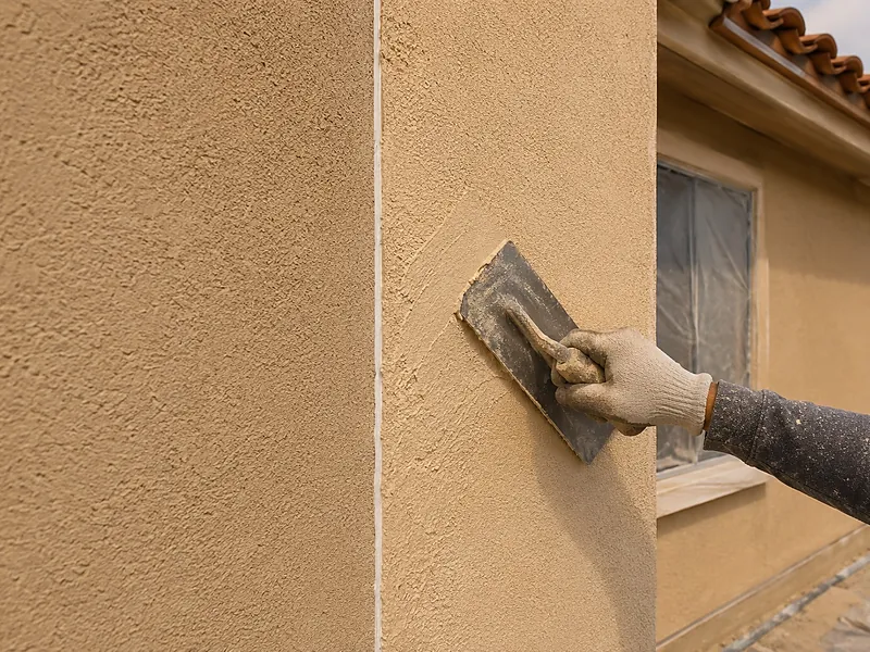 Trowel working finish coat into an outside corner beside a window