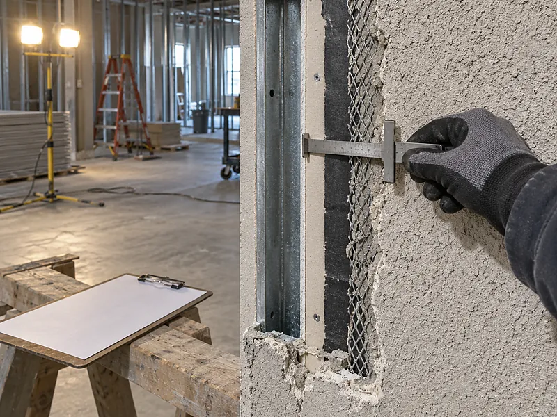 Depth gauge held against an opened wall showing lath, paper and sheathing layers