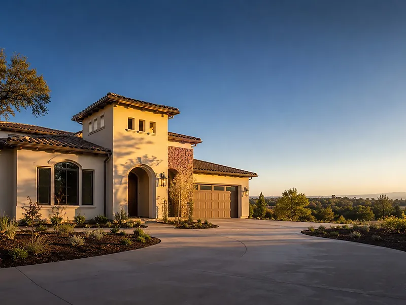 Mediterranean-style stucco home with a corner tower and tile roof