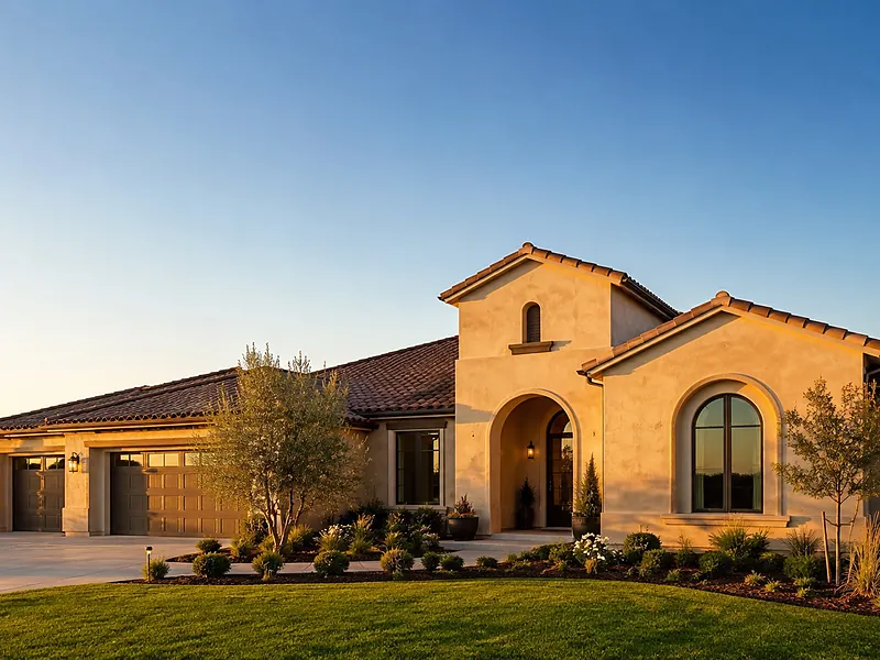 Spanish-style stucco home with an arched entry at golden hour