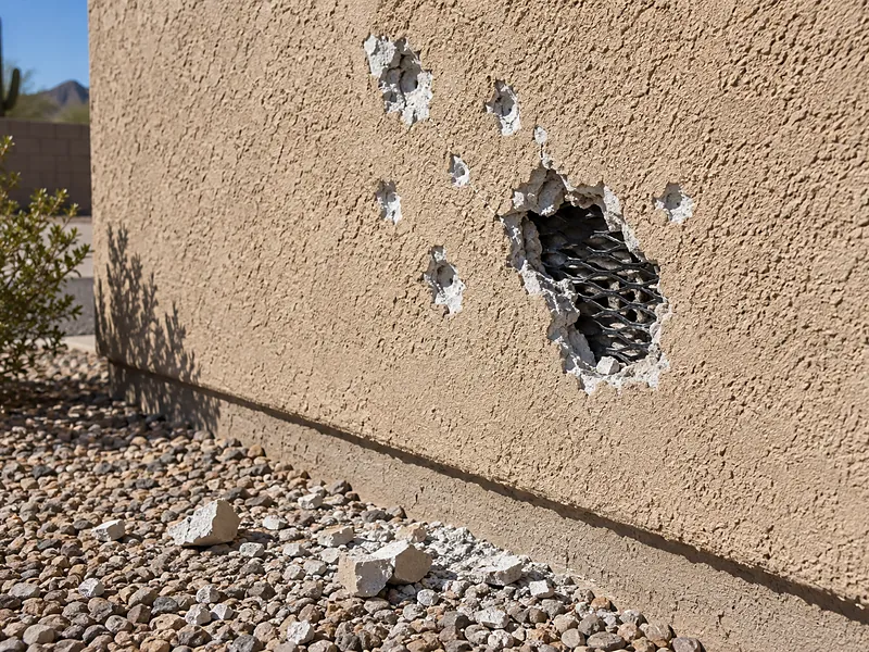 Chipped craters and a punched hole in a stucco wall exposing dark lath beneath