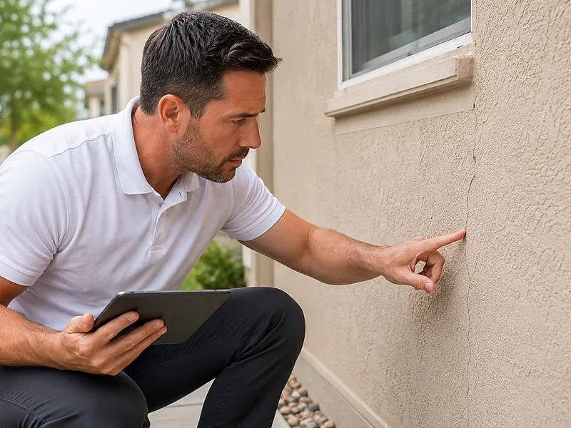 Contractor examining a crack running from the corner of a window