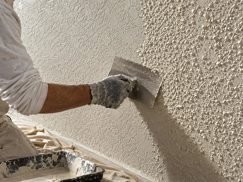 Trowel flattening a knockdown texture on an interior plaster wall