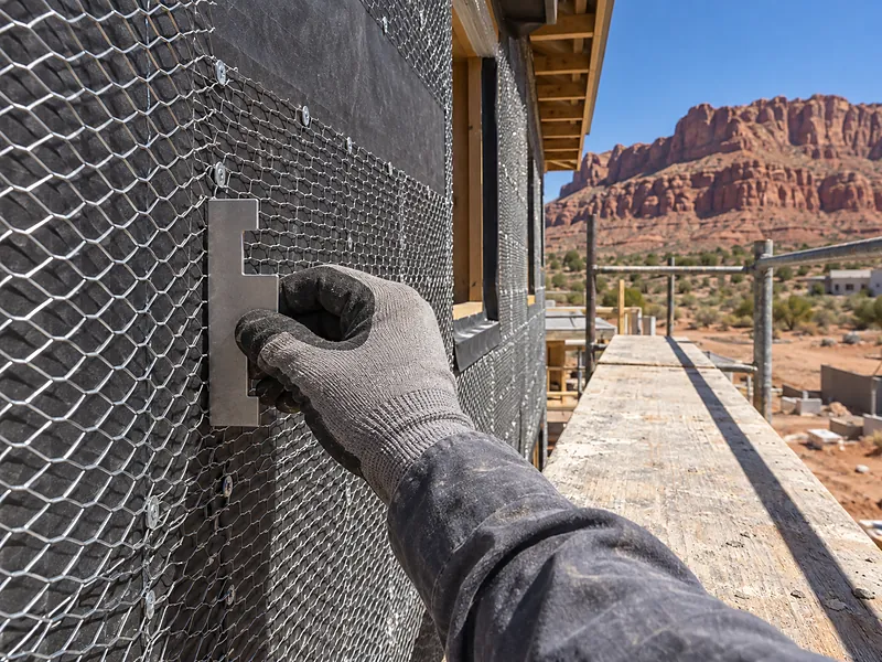 Gloved hand holding an inspection gauge against metal lath, red rock beyond