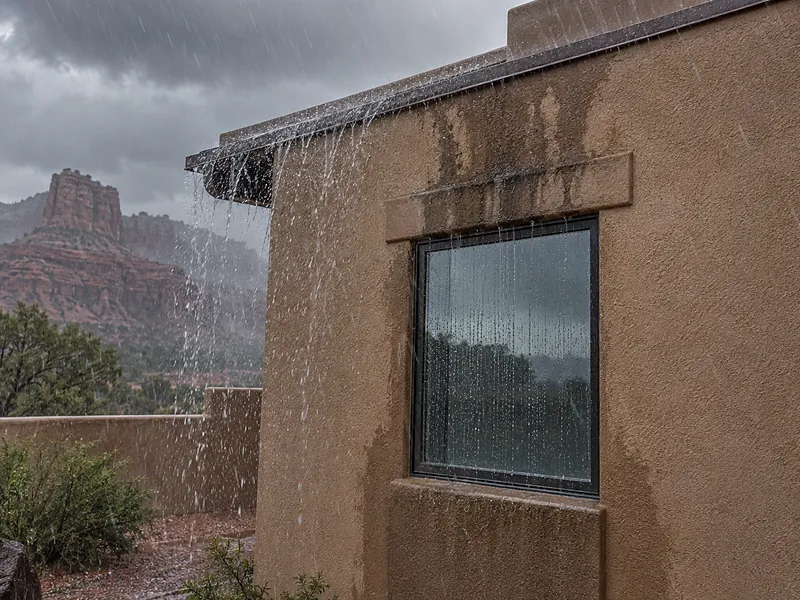 Rain driving against a stucco elevation under a heavy storm sky