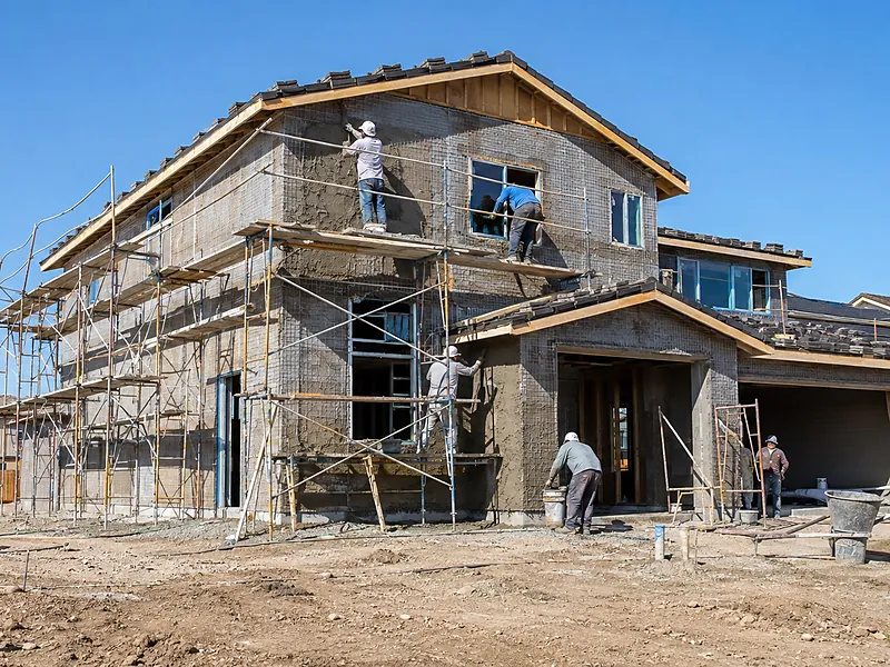 Crew working from scaffolding on a new house still in its base coat