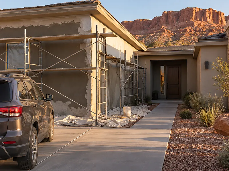 Scaffold along one elevation of a lived-in house, driveway and entry left clear