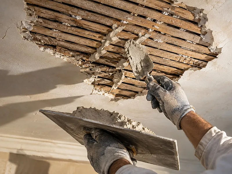 Plaster pushed through wood lath, forming keys behind the wall