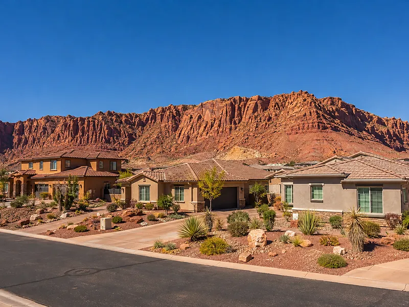 Desert neighborhood of stucco homes below red rock cliffs