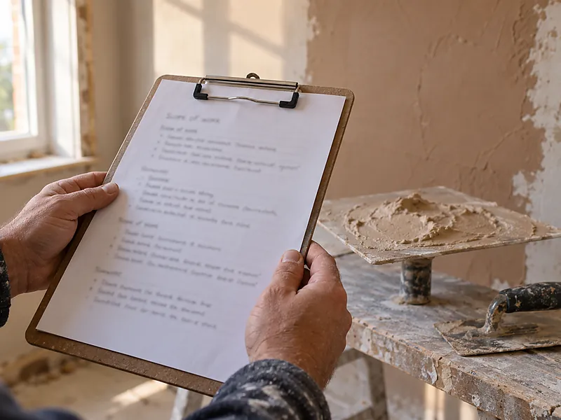 Hand holding a written scope of work on a clipboard beside a plasterer's hawk