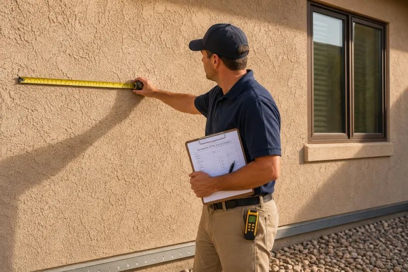Contractor measuring a stucco wall with a tape measure, clipboard under one arm