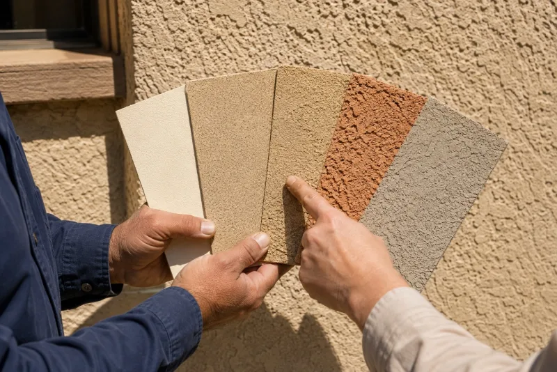 Hands holding a fan of stucco color and texture samples against a wall