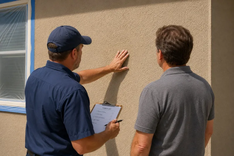 Contractor reviewing finished stucco walls with a homeowner in daylight