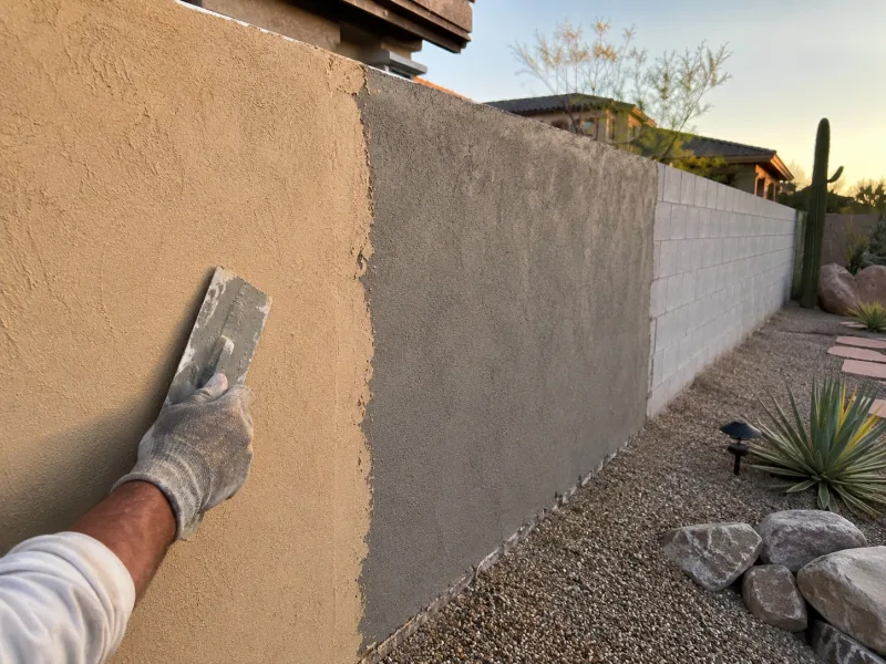 Stucco base coat and tan finish going onto a CMU block yard wall