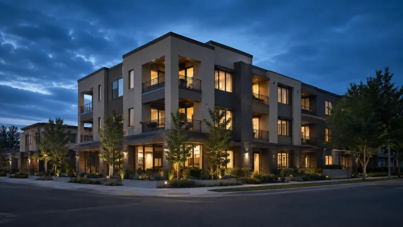 Commercial multifamily building with fresh stucco at dusk