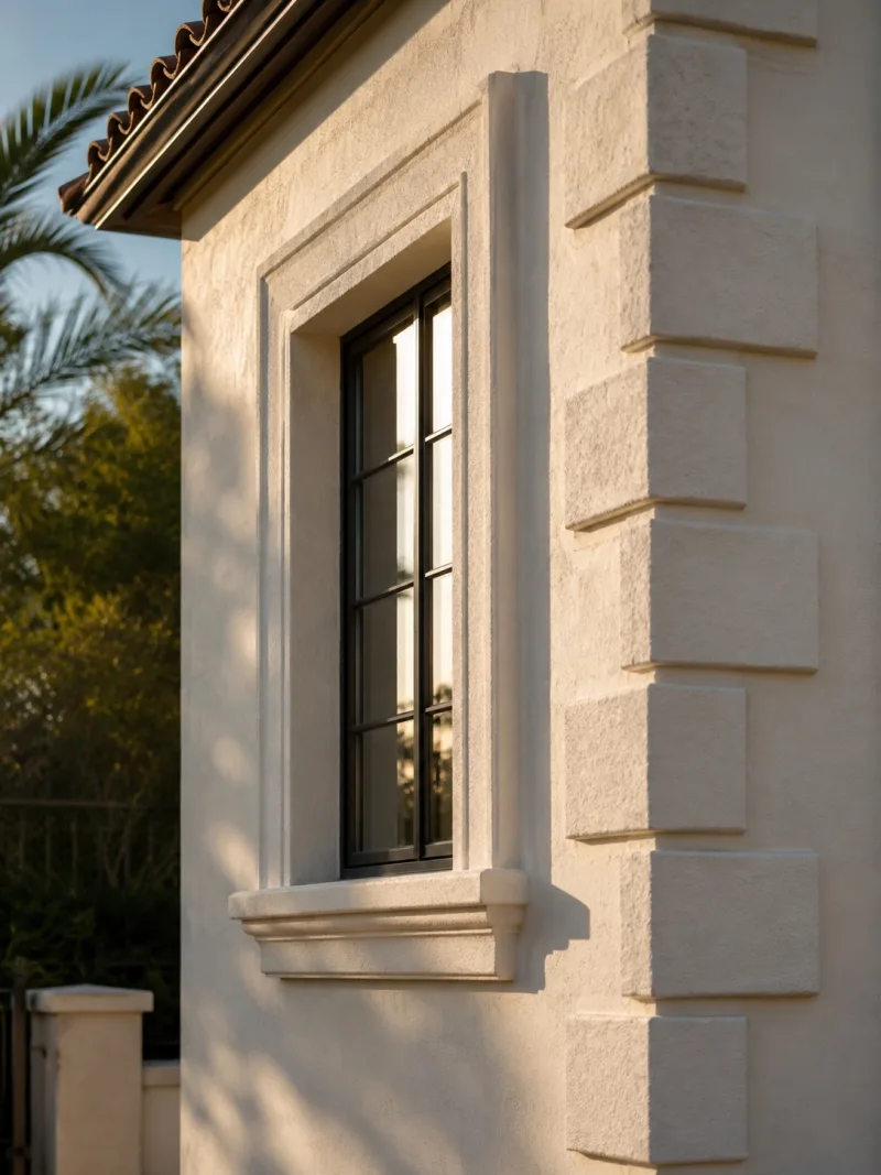 Stucco corner quoins and window trim details in evening light