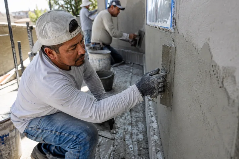 Plasterers troweling a fresh coat of stucco beside a window