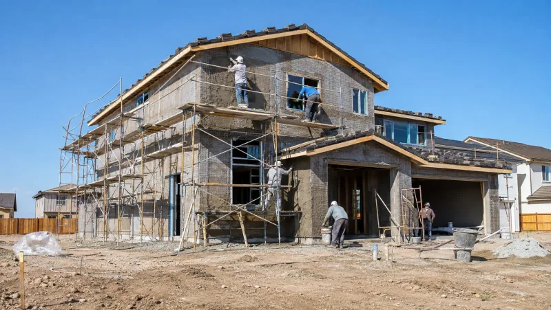 Crew applying stucco coats on a new construction home from scaffolding