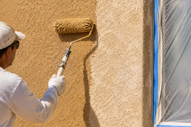 Roller applying elastomeric coating to a textured stucco wall beside a masked window