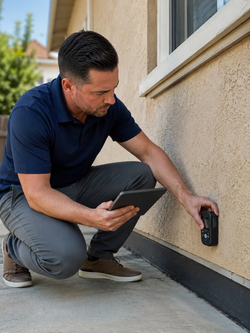 Technician taking a moisture meter reading on a stucco wall