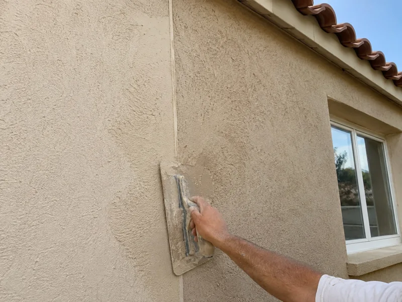 Plasterer feathering new stucco texture across the control joint where an addition meets the original wall
