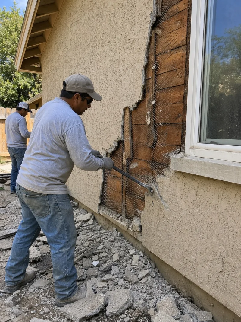 Old stucco pried off a wall exposing the lath beneath