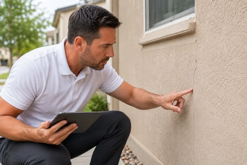 Contractor examining a crack beside a stucco window