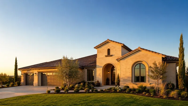 Stucco home with arched entry at golden hour