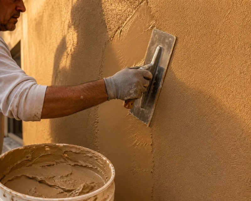 Trowelling integral-color acrylic finish from a bucket onto a stucco wall