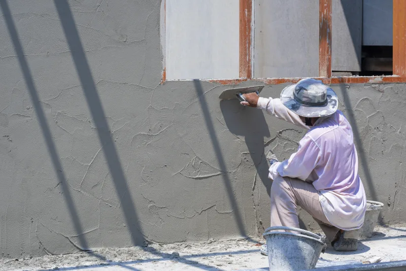 Worker floating an engineered base coat on an exterior wall
