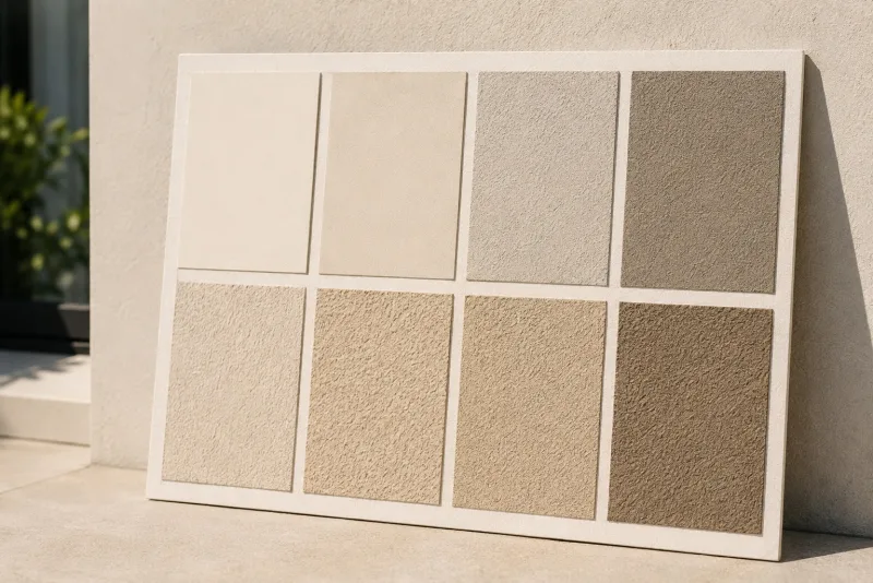 Stucco texture and color sample board leaning against a wall
