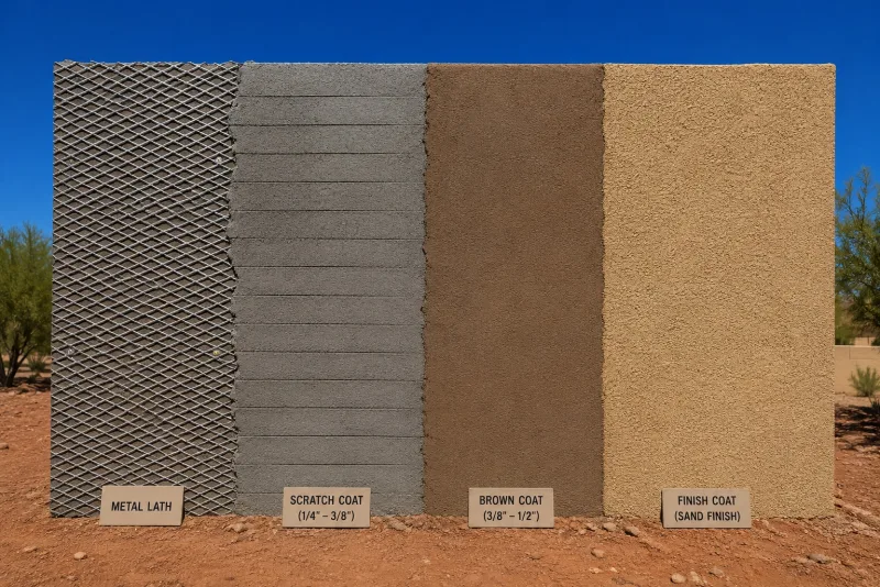 Demonstration wall showing metal lath, scratch coat, brown coat and sand finish coat side by side
