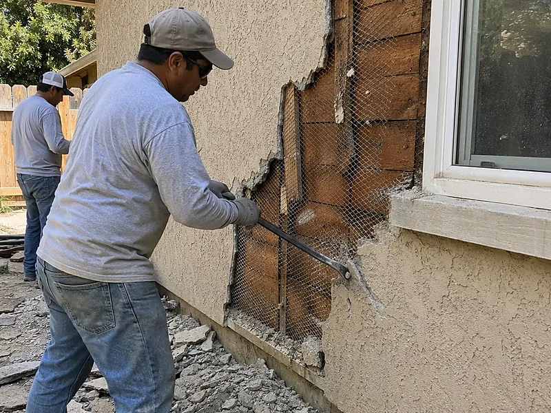 Failed stucco pulled off a wall, exposing the lath behind it