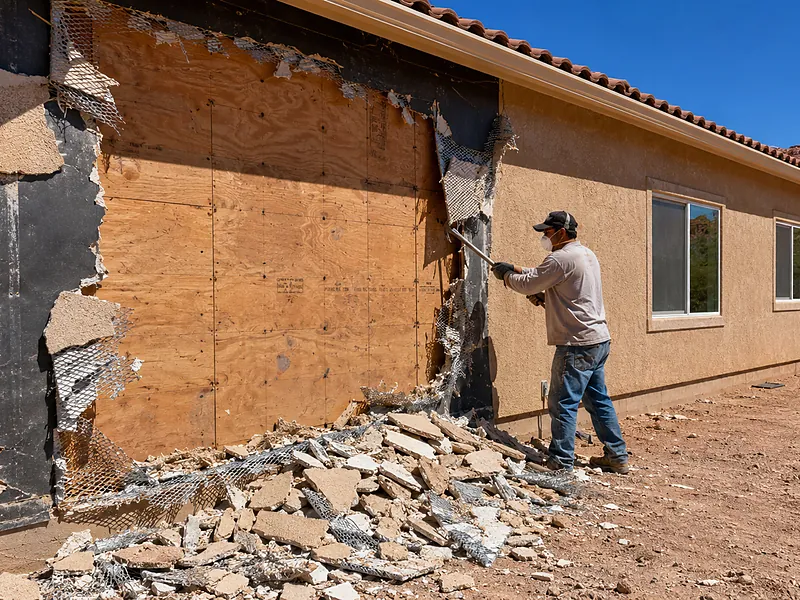 House elevation stripped back to bare sheathing beside the wall still carrying its stucco