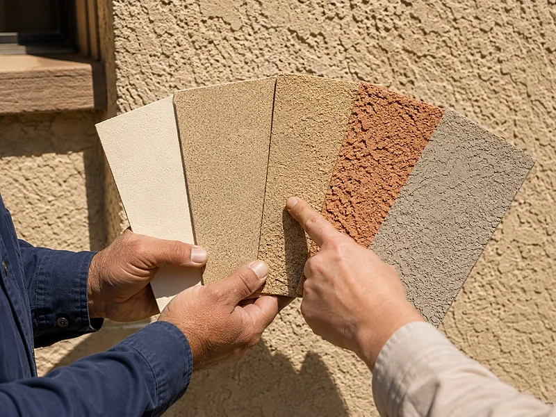 Hands comparing a fan of stucco color chips against a wall